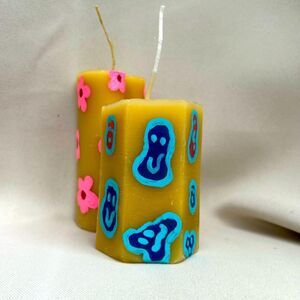 Handmade Beeswax Candle with Hand Painted Smiley Faces